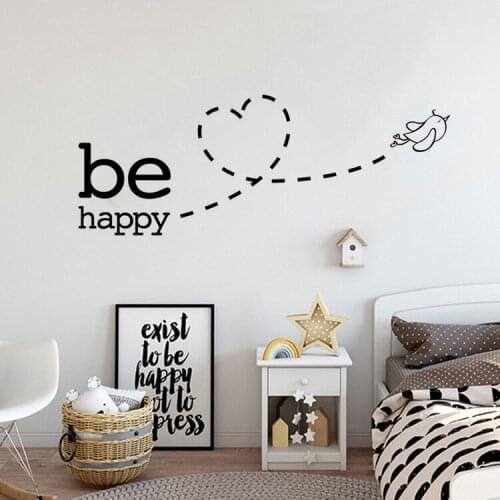WJWY Be Happy Flying Bird Wall Sticker For Kids Room Heart Wall Decals Vinyl Children Room Wall Art Mural Sticker