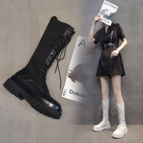 Women Sock Boots Autumn Lace up Mid Calf Boots Female High Platform Sock Shoes Fashion Beige Stockings Boots Mid-calf