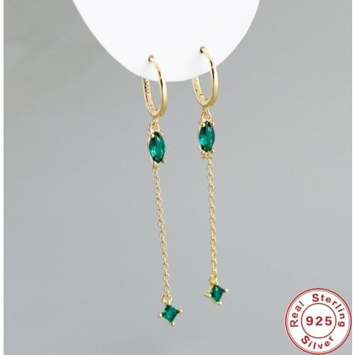 BOAKO 925 Sterling Silver Huggie Earrings New Arrival Green Zircon Tassel Chain Loop Earrings for Women Fine Jewelry Piercing CZ