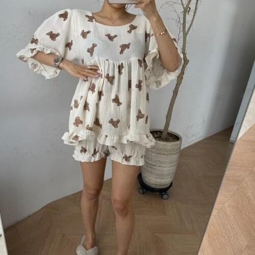 Cartoon print summer pajama set women kawaii funny home suit soft cotton gauze tops+shorts 2 piece set trousers sleepwear Y750