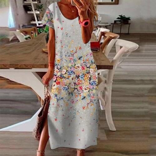 Fashion Summer Women Gradient Color Boho Long Maxi Dress O Neck Flower Dress Beach Dresses Sundress