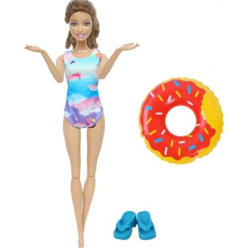 1 Set Swimwear Beach Bathing Clothes Lovely Bikini Swimsuit + Random Swim Ring + 1x Slippers Clothes for Barbie Doll Kids Toy