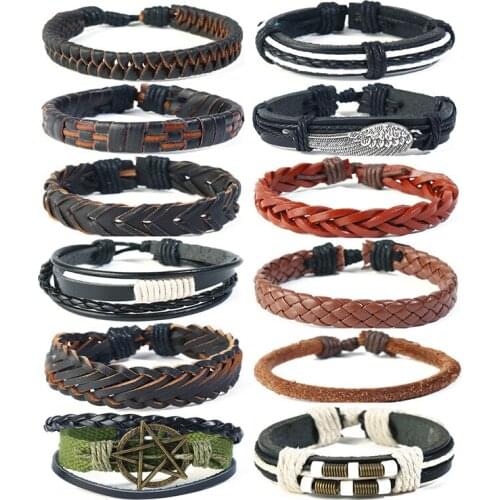 12pcs/set vintage knitting cowhide bracelet mens diy genuine leather combination punk bracelet and rope cross-border supply