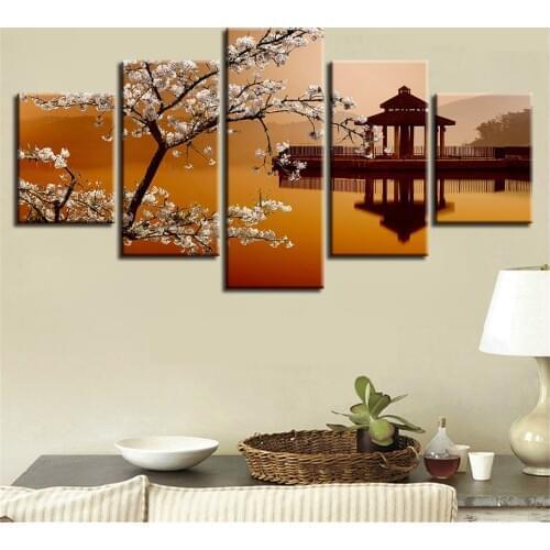 Poster Decor Framework Wall Art Modular Canvas Pictures 5 Pieces Pear Flower And Small Pavilion Retro Scenery Painting HD Prints