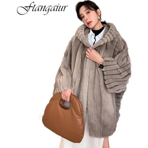 Ftangaiur 2021 Winter Import Purple label Velvet Mink Fur Coat Batwing Sleeve Hood Mink Coat Women Medium Real Mink Fur Coats