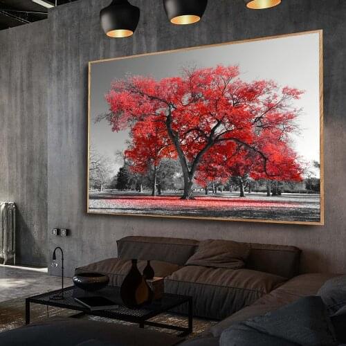 Nordic Visual Art Home Decor Red Tree Canvas Wall Painting Autumn Park Landscape Poster And Prints Picture For Living Room