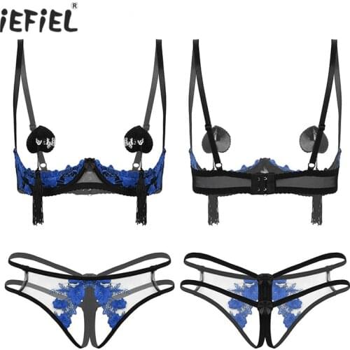 Womens Embroidery Lace Sissy Exotic Lingerie Set Bare Breast Underwired Bra Tops Crotchless Briefs with Nipples Tassel Pasties