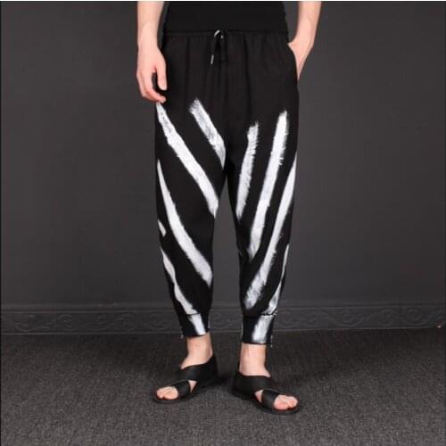 M-3xl 2020 New Summer Men Striped Pants Hemp Makings Individual Trousers Loose Personality Feet Harlan Nine Casual Pants Tide