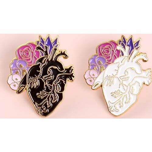 Pink Purple Flowers Heart Metal Enamel Brooch Fashion Art Medical Organ Badge Unique Trendy Romantic Jewelry Accessories Gift