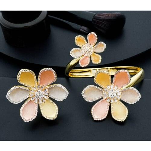 ModemAngel Luxury Flower Three Tone Copper Women Engagement Wedding Party Bangle And Ring Fashion Set Jewelry