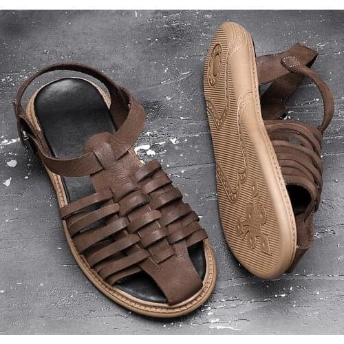 Mens summer personality sandals chocolate genuine cow leather strap casual sandal shoes beach shoes for male