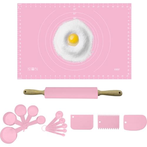 Baking Set Includes Silicone Pastry Baking Mat with Measurements, Silicone Rolling Pin, Measuring Cups & Spoons, Dough Scrapers