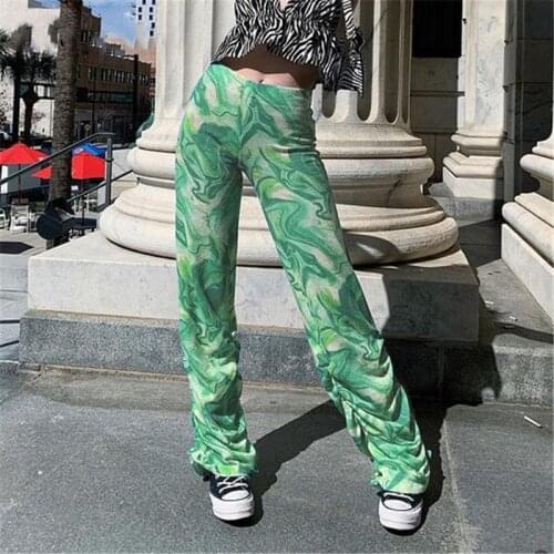 Stacked Wide Leg Pants Green Tie Dye Y2K Fashion Outfits Long Sexy Sweatpants Vintage High Waist Women Trousers Trousers Pants