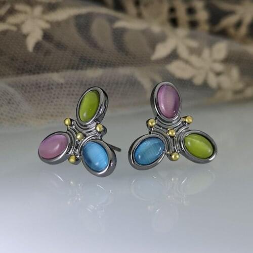 Delicate Three Tone Moonstone Stud Earrings Mixed Colorful Jewelry Black Metal Pink Blue Flower Wedding Earrings Gift