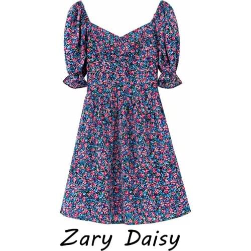 Zary Daisy new womens European and American retro small floral decoration puff sleeve waist slimming all-match holiday style dr