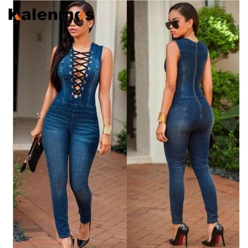 KALENMOS Plus Size Denim Rompers Jumpsuit Overalls Women New Skinny Jeans Sexy Blue Lace-up Hollow Sleeveless Bodycon Bodysuit