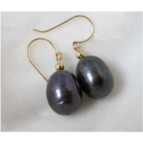 New Arrival Favorite Pearl Earrings 13mm Black Rice Genuine Freshwater Pearl Dangle Earring 14k/20 GP Fine Jewelry Lady Gift