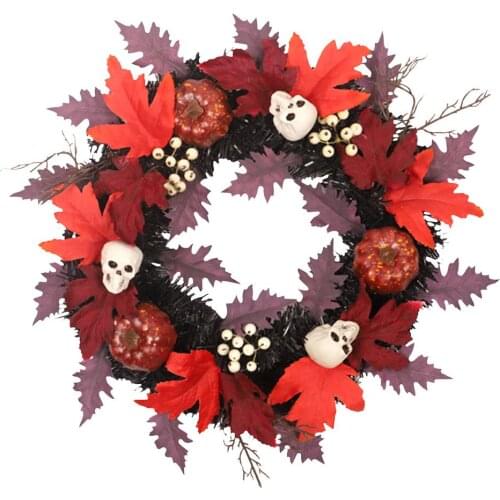 Festival Maple Leaf Wreath Handmade Decorative Door Hanging Adornment Pumpkin Skull Holiday Atmosphere Gardening Decor