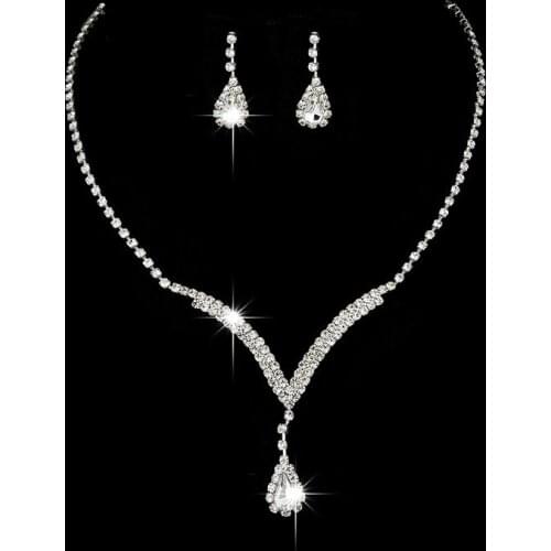 Luxury Female White Crystal Jewelry Set Charm Silver Color Wedding Dangle Earrings For Women Trendy Water Drop Chain Necklace
