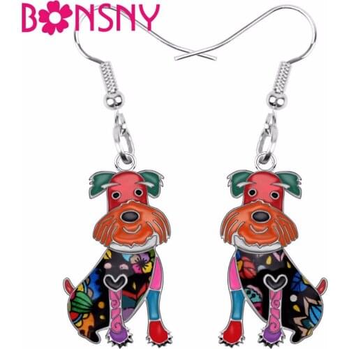 Bonsny Enamel Alloy Floral Happy Sitting Schnauzer Dog Earrings Drop Dangle Big Long Fashion Animal Jewelry For Women Girls Gift