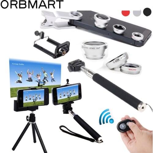 ORBMART 6 in 1 Extendable Handheld Monopod + Bluetooth Remote Camera Control + Fish Eye Lens Macro Wide Angle Lens Kits