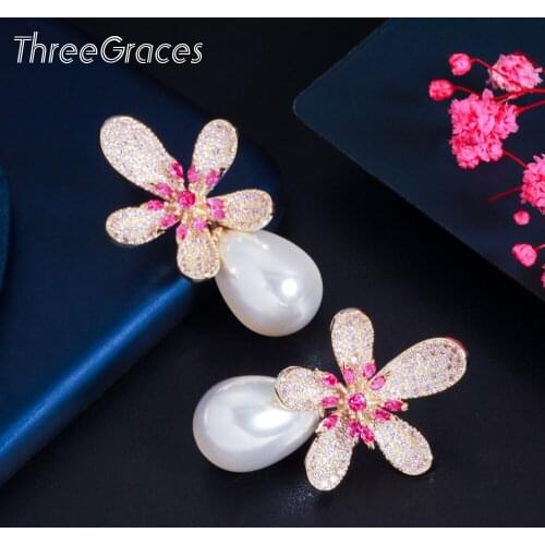 ThreeGraces Exquisite Flower Shape Cubic Zirconia Big Dangling Simulated Pearl Earring for Women Wedding Costume Jewelry ER590