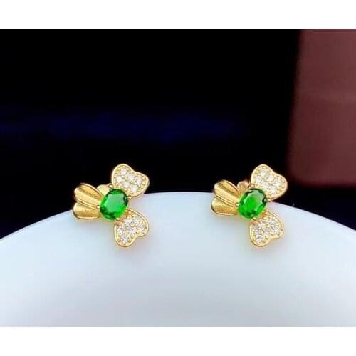 CoLife Jewelry Silver Flower Earring for Office 3mm*4mm Natural Diopside Stud Earrings 925 Silver Diopside Jewelry Gift for Girl