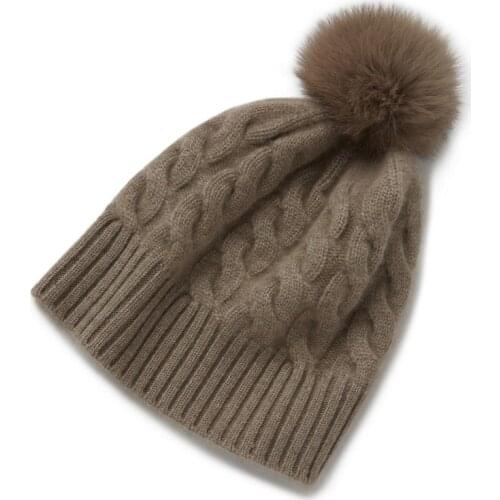Women Knitted Real Fox Fur Pompoms Beanie Hat Female Warm Ear Protection Skullies Cap Winter Pure Color cashmere hat women