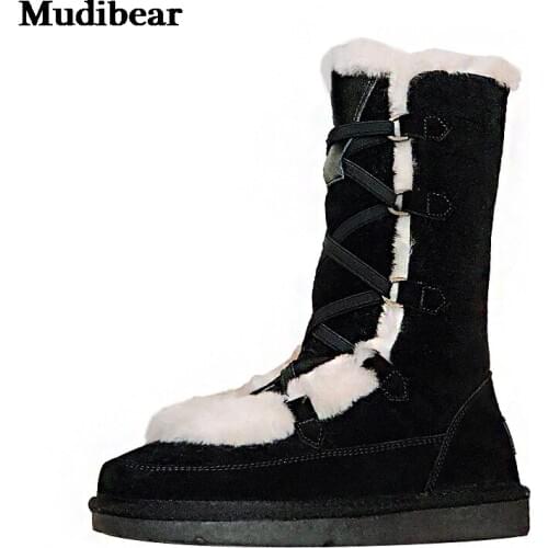 Mudibear Snow Boots For Women Warm Shoes Fleece Lining Short Boots Lady Footwears Winter Leather Non-slip Real Leather 18CM 2020
