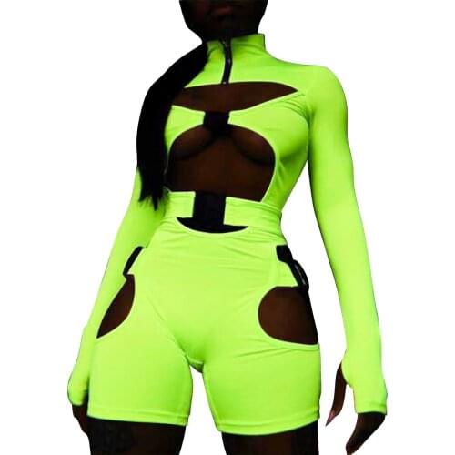 Sexy Fluorescent Buckle Romper Playsuit Hollow Out Long Sleeve Zipper Turtleneck Biker Shorts Body Jumpsuit Women Club Outfits