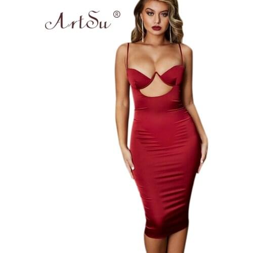 ArtSu Chest Cut Out Bodycon Sexy Dress Club Robe Women Summer Straps Cami Birthday Satin Party Dresses White Pink Red Gold Black