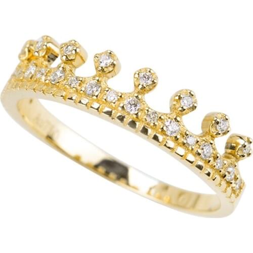 EDI Bead Crown Ring AU585 14k Solid Yellow Gold 0.16ct Carat Real Natural Diamond Wedding Ring For Women Half Eternal Tail Ring
