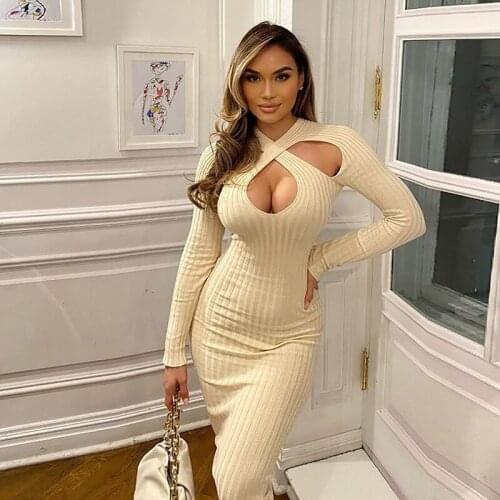 S-4XL Sexy Womens Party Dresses Solid Casual Long Sleeve Round Neck Hollow Out Winter Slim 2020 Lady Bodycon Knee-length Dress