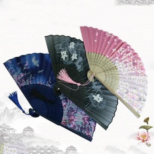 1PC Folding Bamboo Fan Silk Classical Hand Fan Flower Pattern Vintage Fans Party Wedding Supplies Home Decoration