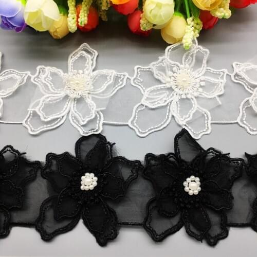 2 Yd Chiffon Pearl Head Shape Flower French Lace Fabric Trim Tulle Handmade Embroidered Applique For Sewing Craft Costume Decor