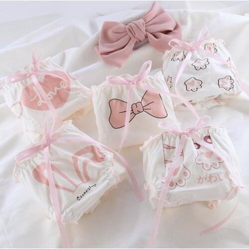 5PCS girl briefs Love wings ruffled bowknot womens underpanties, cotton bread underwear, girl student briefs underpanty