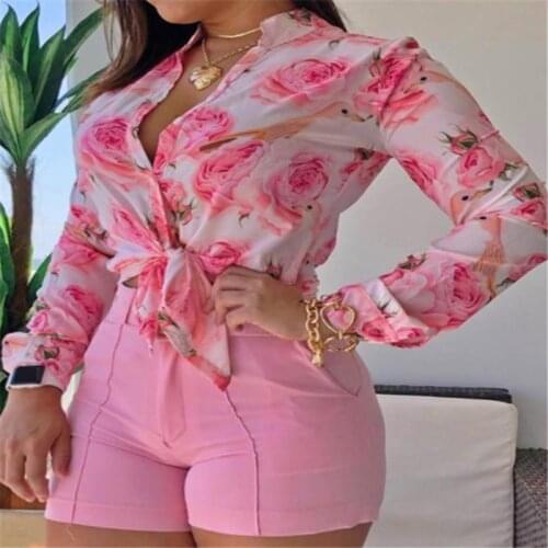 Echoine Floral Print Shirt Blouse Long Sleeve Sexy Elegant Shirt Top Shorts Two Piece Set Matching Set