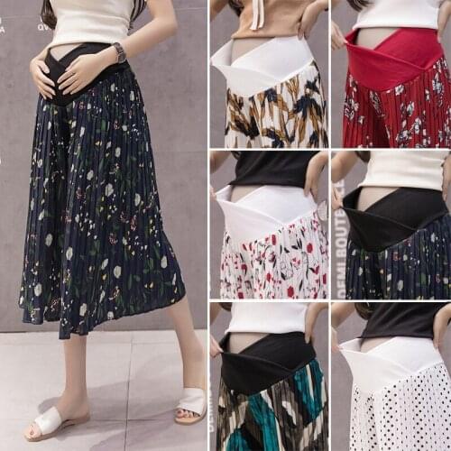 2020 Summer New Pregnant Women Trousers Solid Cross Low Waist Patchwork printed Chiffon Pleated Pants Maternity Wide Leg Capris
