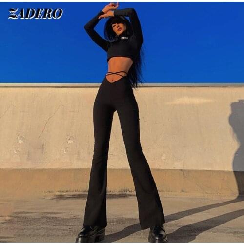 Y2k Flare Pants E Girl Style Sexy Strechy Trousers Women Lace Up V Waist Low Rise Black Pants Cross Straps Hollow Streetwear