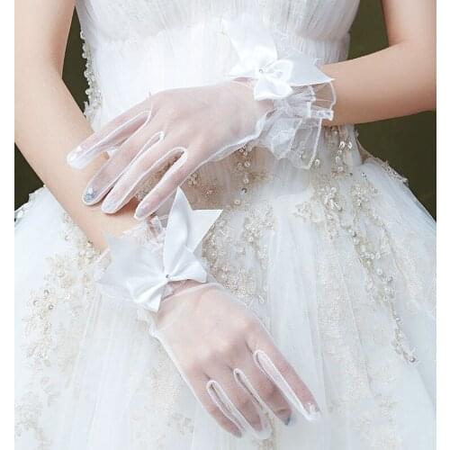 Elegant Women Short Bridal Gloves Wrist Length Tulle Finger Wedding Gloves Ribbon Bow-knot