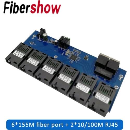 10/100M Fast Ethernet switch Converter 20KM Ethernet Fiber Optical Media Converter Single Mode 2*RJ45 and 6*SC fiber Port PCBA