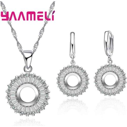 Classic Austrian Crystal Circle Woman Wedding Jewelry Set 925 Sterling Silver Necklace Earrings Pendant Sets For Party