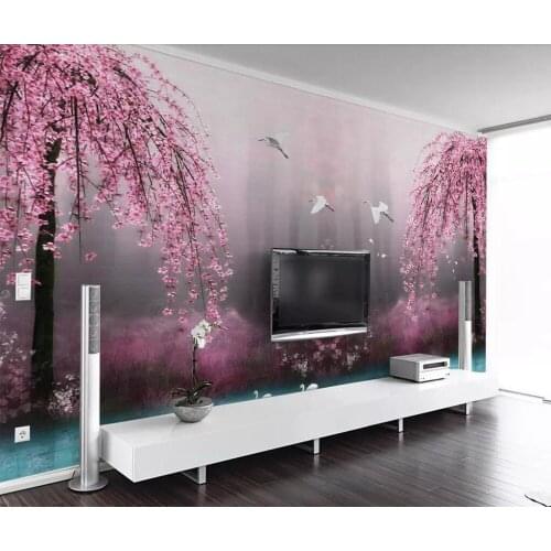 Beautiful dream pink cherry swan lake scenery living room bedroom background wall