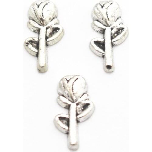 Hot Sale 10pcs/lot Metal Silver Rose Flower Floating Charms For Women Living Glass Floating Lockets Necklace DIY Jewelry