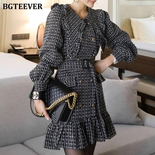 BGTEEVER Vintage Double Breasted Women Ruffles Package Hip Mini Dress Elegant Lapel Slim Wasit Belted Plaid Vestidos Femme 2021