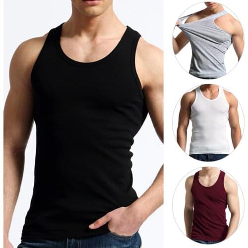 2019 New FashionMens Close-fitting Fitness Elastic Casual O-neck Breathable H Type All Cotton Solid Undershirts Male Tanks