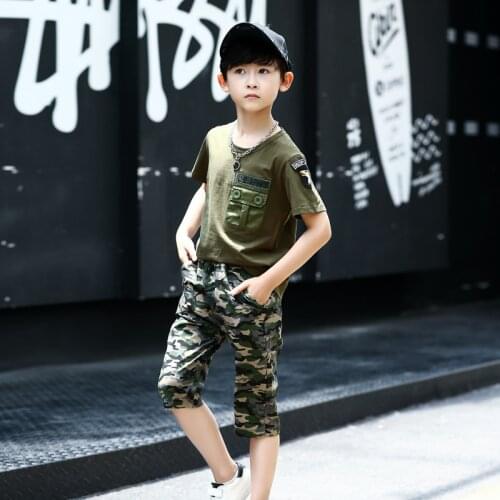 New Summer Boys camouflage military training set childrens short sleeve T-shirt 2pcs set