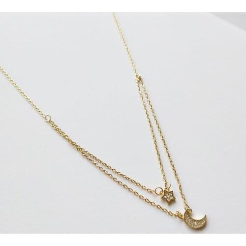 New Arrivals 925 Sterling Silver Double Chain Necklace Rhinestone Crystal Moon Star Necklace Pendant Colgante Pingente de plata