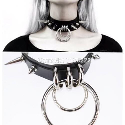 Punk Gothic Handcrafted Metal Double O Round Spiked Spikes Layered Leather Collar Choker Necklace