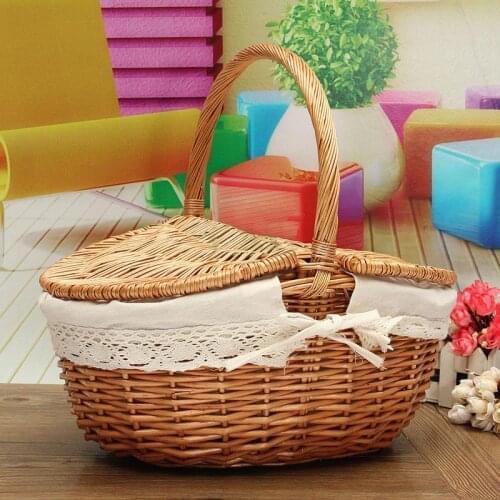 1pc Handmade Willow Wicker Knit Basket Picnic Shopping Storage Hamper w/ Lid +Handle